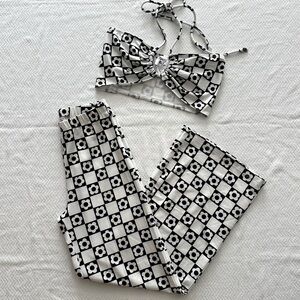 Princess Polly Latiana Matching Set Black and White Flower Checkered Size 4